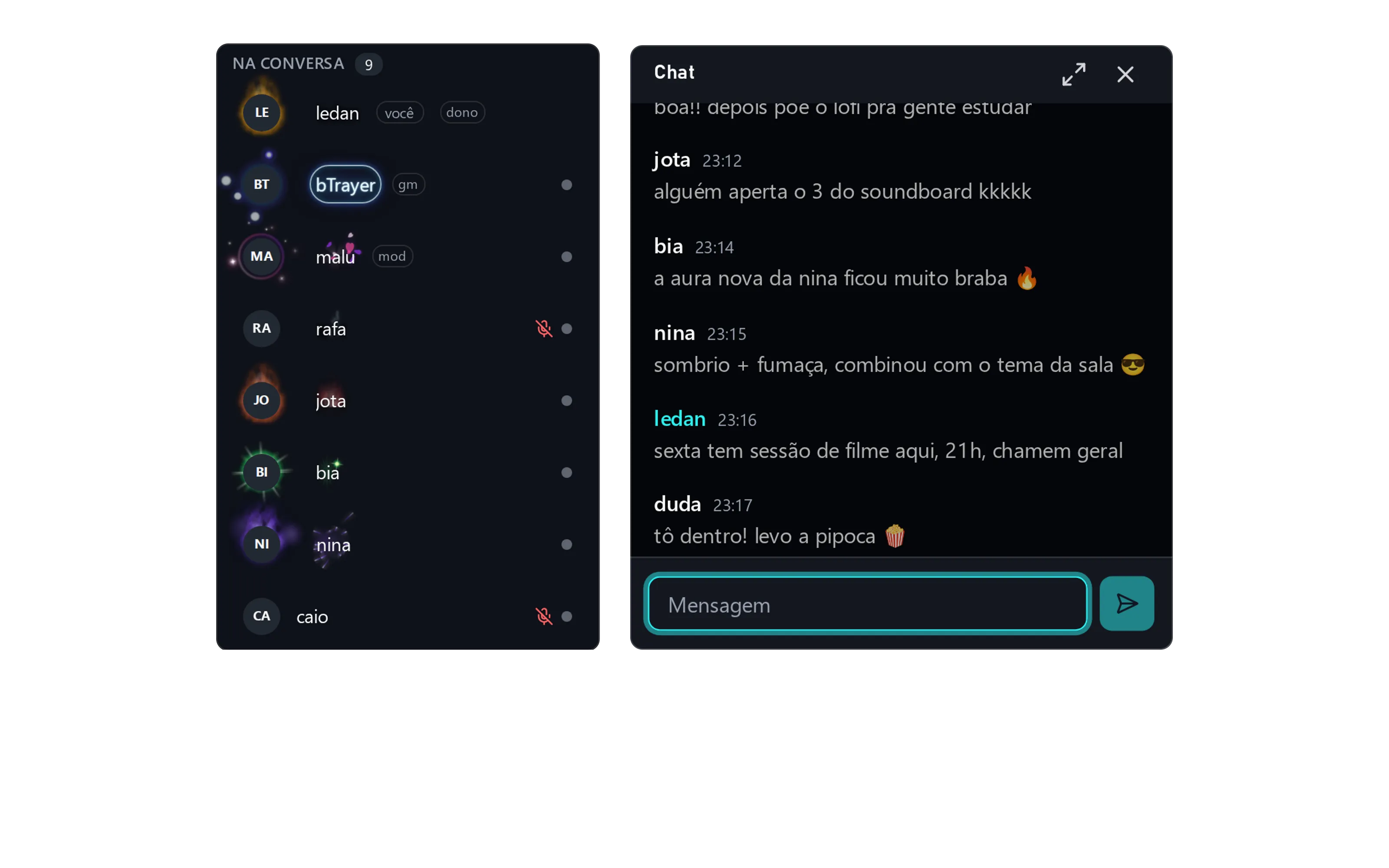 Lista de quem está na conversa ao lado do chat da sala