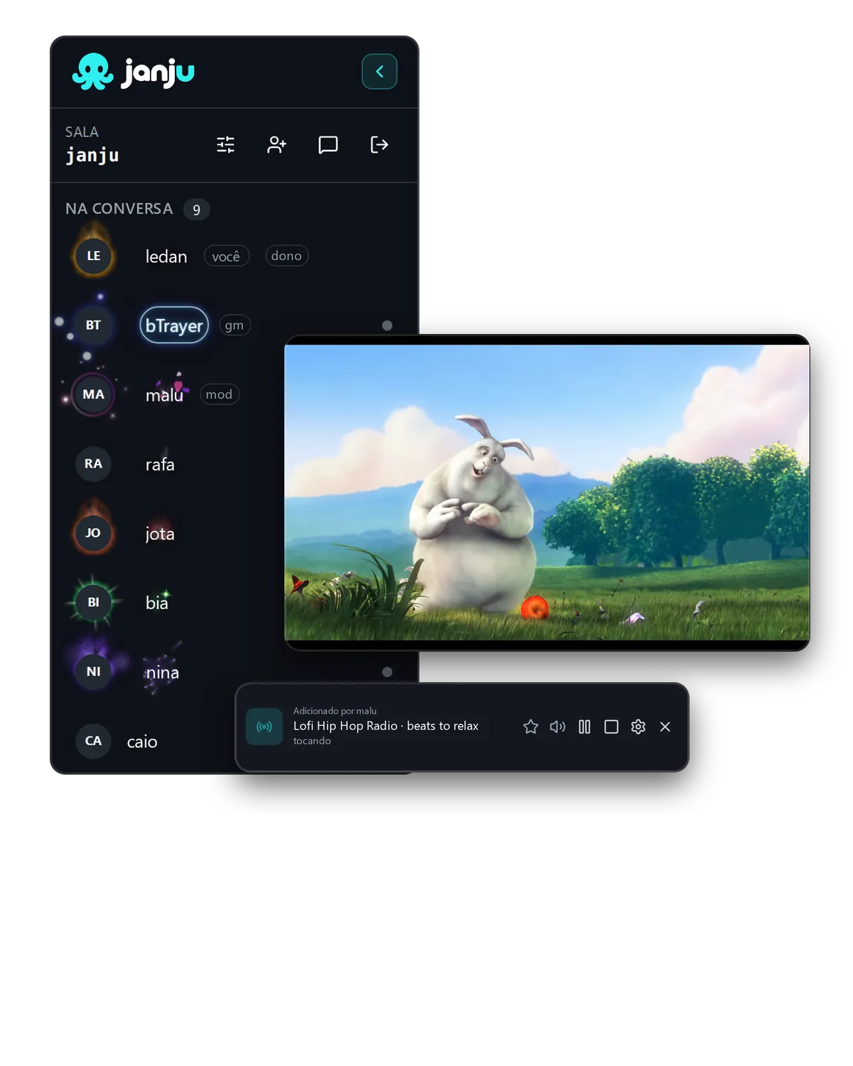 Sala do Janju com nove pessoas na conversa, dois vídeos do YouTube e uma rádio no board