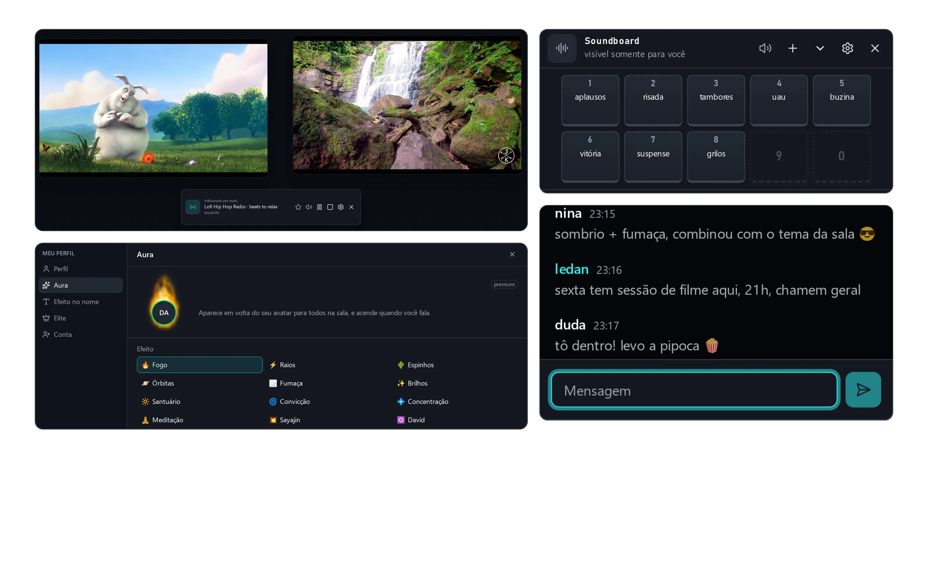 Colagem com os vídeos no board, o soundboard, o chat e a escolha de aura